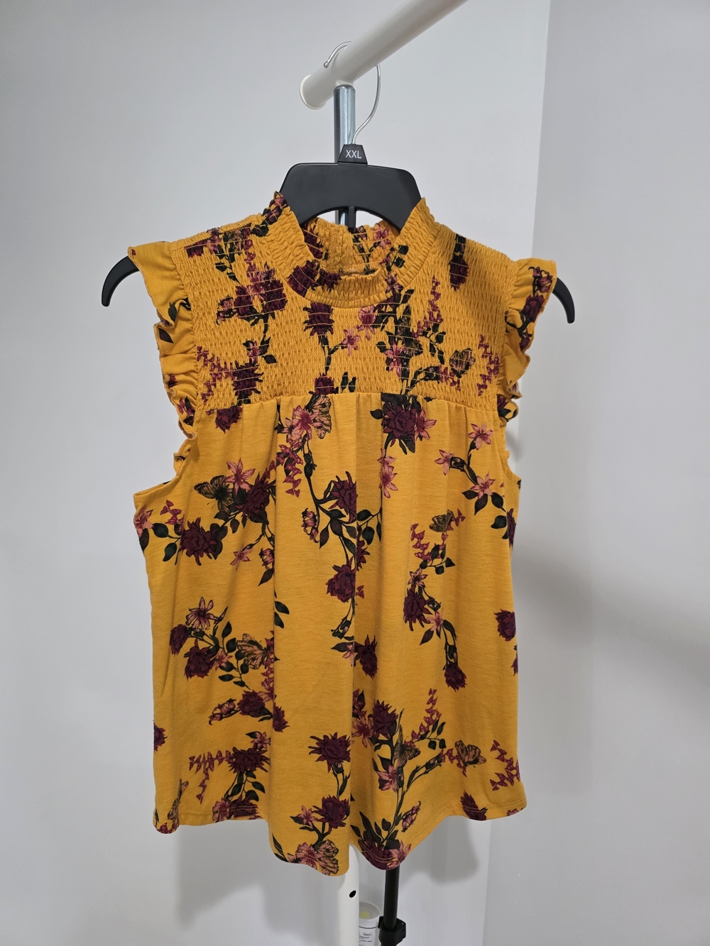 No Boundaries Mustard Floral Smocked Ruffle Tank Junior 11/13